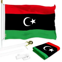 G128 Combo Pack: 6 Ft Twist Free Aluminum Spinning Flagpole (White) & Libya Flag | 3x5 Ft | LiteWeave Pro Series Printed 150D Polyester | Pole with Flag Included