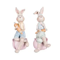 Easter Bunnies w/ Carrots Sitting Figure Figurines Set of 2