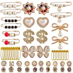 Charms for Socks Safety Pins 54pcs Brooches and Pins for Women Gold Junk Sock Charms Pins Jewelry Accessories Bulk Rhinestone Pearl Brooch Pins Button Pins for Women Clothes Hats Shoes Scarf Shawl