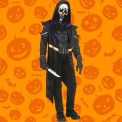 Adults Masquerade Ghost Costume with Hooded Coat and Gold Mask