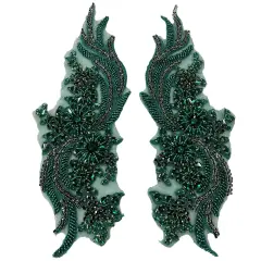 1 Pair 14" x 4" Each Side Crystal Rhinestone Beaded & Corded Lace 100% Polyester Jade