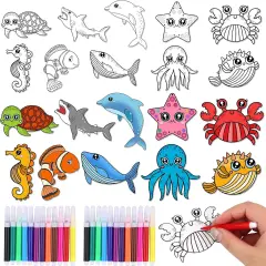 60 Set Ocean Animal Art Cards DIY Sea Animals Coloring Magnet Ornaments with 24 Colored Pen Ocean Craft Kits for Kids Sea Coloring Craft Painting Card for School Art Party Favors DIY Crafts Home Decor