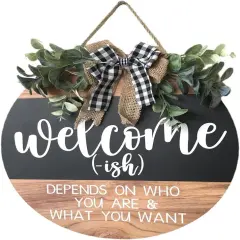 Welcome Sign Front for Door Decoration, 12 in Round Wood Wreaths Wall Hanging Outdoor, Farmhouse, Porch, for Summer Fall All Seasons Holiday Christmas