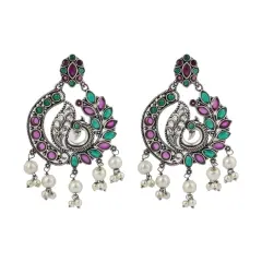 Indian Oxidized Jhumka Earrings for Women - Indian Peacock Earrings Ethnic Chandbali Jhumki Oxidized Beaded Bollywood Style Dangle Earring Jewelry for Bride | Birthday Gift for Her RubyGreen