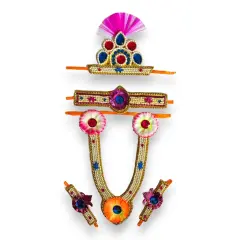 Krishna Jewelry Set for Janmashtami Celebration Krishna Leela Complete Accessories Makhan Chor Kanha Jewelry Set - Mukut Necklace Waist & Arm Band (5 Pcs Set) Pink-Blue