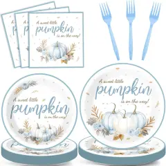 96Pcs Baby Shower Tableware Set &ndash; Blue Fall Little Pumpkin Theme, Serves 24