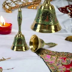 Decorative Peacock Temple Bells Brass Puja Ghanti Hindu Mandir Bell Coloured Pooja Jingle Bells Indian Home Decor Hand Painted Bell Housewarming Gift Green