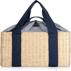 Parisian Picnic Basket, Insulated Seagrass Picnic Basket, Waterproof, Stylish, Perfect for Picnics, Beach, Office Lunches, Dinner Parties, and Gifts (Beige with Navy Blue Accents)