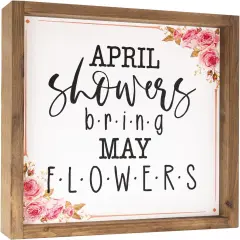 Spring Decorations For Home, 11.8 Inch Wooden April Showers Bring May Flowers Sign Decor, Indoor Wall Table Seasonal Decorative Signage