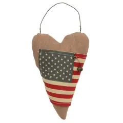 Primitive USA Flag Heart Ornament Rustic Taupe Linen Fabric with American Flag Patch