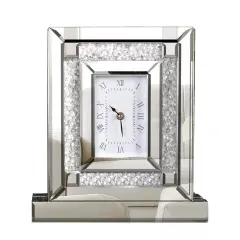Crushed Diamond Table Clock w/ Quartz Movement Mirrored Desk Mantel Clock Silver