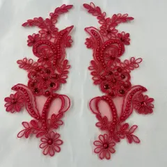 1 Pair Beaded & Corded Floral Lace Applique 9" x 2.5" Each Side Coral