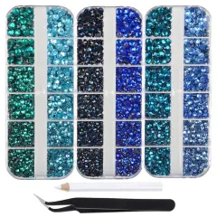 4500pcs+ Flatback Glass Hotfix Iron On Rhinestones Crystal for DIY Making with 1 Tweezer & 1 Picking Pen for Shoe, Cloth, Face Art, Bag, Manicure(3-Sizes, 6-colors, Blue Color Series)