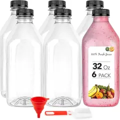 32 Oz Juice Bottles with Caps (6 Pack) - Reusable Clear Plastic Drink Containers