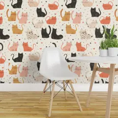 Peel & Stick Wallpaper 2FT Wide Playful Cats Colorful Kitties Feline Fun Pet Lovers Neutral Cream Beige Coral Pink Whimsical Pets Custom Removable Wallpaper by Spoonflower