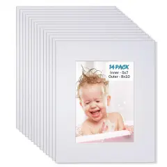 Egofine 8x10 White Picture Mats Pack of 14, Frame Mattes for 5x7 Pictures, Acid Free, 1.2mm Thickness, with Core Bevel Cut