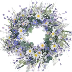 24 Inch Spring Wreaths for Front Door Summer Door Wreath Spring Flower Wreaths Summer Wreath with Daisy Lanvender for Spring Summer Indoors Outdoor Home Decorations