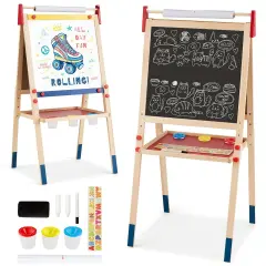 2-Side Wood Kids Art Stand Easel w/ Whiteboard Chalkboard Paper Roll Accessories