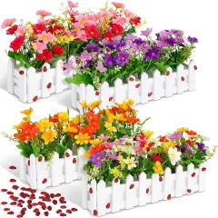 Artificial Flower Plants Potted in Picket Fence Mixed Color Daisies in Picket Fence Pot for Indoor Office Wedding Home Spring Decor(11.8 Inch, 24 Pcs)