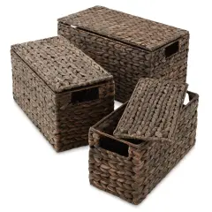 3-Piece Hyacinth Nesting Basket Set, Stacking Storage Wicker Bins with Lids Espresso