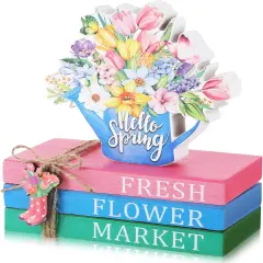 Spring Table Decorations Hello Spring Wooden Signs Flower Book Stack Decor Farmhouse Tabletop Centerpieces Easter Decor for Home Table Kitchen Shelf Tiered Tray