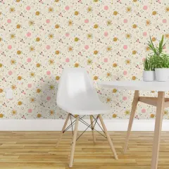 Peel & Stick Wallpaper 2FT Wide Boho Celestial Baby Nursery Pastel Whimsical Cute Toddler Kid Pink Gold Beige Custom Removable Wallpaper by Spoonflower