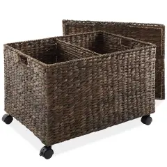 Rolling Storage Basket Cart w/ Lid & Wheels - Woven Wicker Divided Recycling Bin Espresso