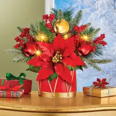 Collections Etc LED Lighted Poinsettia Ornament Holiday Floral Centerpiece with Drum Vase