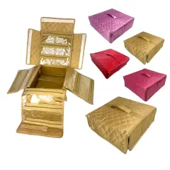 Handmade Jewelry Organizer Foldable Cloth Bag Travel Kit with Transparent Pockets for Earrings Bracelet Traveling Essentials Vanity Housewarming Gift Gold