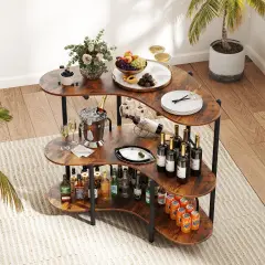3-Tier Liquor Bar Table with Stemware Racks and Storage Shelves-Rustic Brown