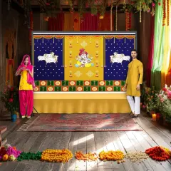 Ganesh with Cow Backdrop 5x8 Feet Indian Traditional Cloth Backdrop Ganesh Pooja Decor Indian Pooja Wall Decor Indian Wall Art Photo Decor Banner Decorative Pooja Cloth