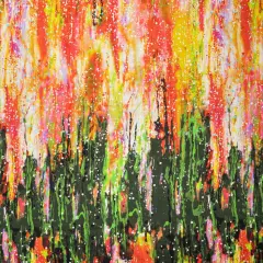 1 Panel 16MM Silk Charmeuse Olive Green, Red & Yellow Abstract Panel 53" Wide for Skirts & Pants