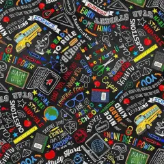 Back to School Chalkboard Text Black Cotton Fabric by the Yard