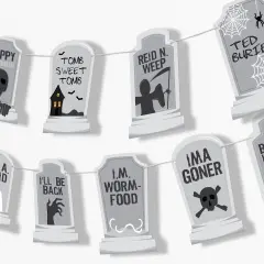 Big Dot of Happiness Graveyard Tombstones Garland Banner, Halloween Party Decor Backdrop, 30 Feet of Cord, 15 Paper Funny Burial Headstones Shapes