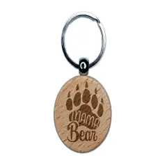 Mama Bear Mother's Day Paw Family Engraved Wood Round Keychain Tag Charm