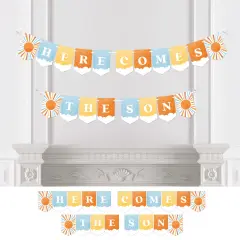 Big Dot of Happiness Here Comes The Son Banner, Boy Boho Baby Shower Bunting Wall Garland, Retro Sunshine Party Decorations