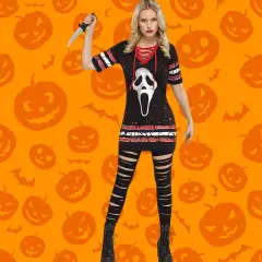 Adult Ghost Face Dress Costume Halloween Lace-Up V-Neck Printed Mask