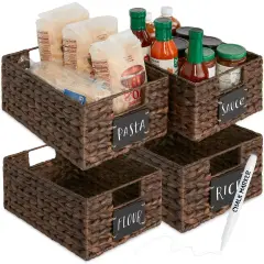 Best Choice Products Set of 4 12in Woven Water Hyacinth Pantry Baskets w/ Chalkboard Label, Chalk Marker Brown