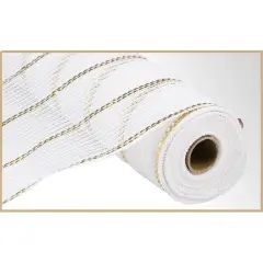 10.5" Poly Jute Matte Metallic Mesh: White/Gold (10 Yards)