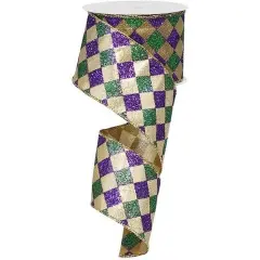 2.5" Harlequin Glitter Diamond Ribbon: Mardi Gras (10 Yards)