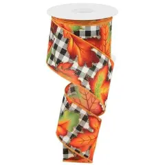 2.5" Autumn Leaves Check Ribbon: White/Black (10 Yards)