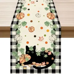 Fall Black Cat Pumpkin Plaid Table Runner