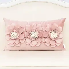 3D Flower Handmade Throw Pillow Cover Decorative Pink Velvet Pillowcase Cushion Cover with Hidden Zipper for Couch Bed Living Room Home Decor 12x20 Inches