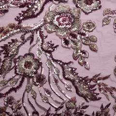 1 Yard Embroidered Beaded and Sequined Lace Fabric with Floral Pattern 50/52&Prime; Wide Magenta