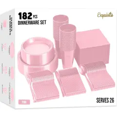 Exquisite 182 Pcs Plastic Plates for Party &ndash; Disposable Plates Set &ndash; 26 Each of 9" Dinner Plates, 7" Dessert Plates, Plastic Cups, Napkins & Plastic Cutlery &ndash; Plastic Dinnerware by Party Solids Pink