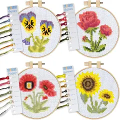 Cross Stitch Kits for Beginners (Flower Theme - 6.75 Inch - 4 Pack 1 x Embroidery Hoop) DIY Embroidery Needlepoint Patterns for Adults