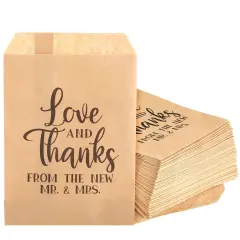 100 Pack Love and Thanks From the New Mr & Mrs for Wedding, Party Favor Bags for Goodie, Gifts, Decorations, 5x7.5 in Brown