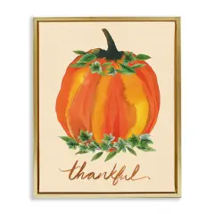 Thankful Orange Pumpkin Leaf Botanicals Autumn Plants Floating Frame Canvas Art Gold