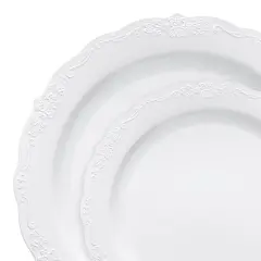 White with Silver Vintage Rim Round Disposable Plastic Dinnerware Value Set (120 Guests)