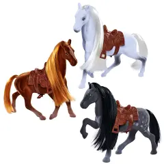 Simba Toys: Flocked Horse Set &ndash; 3 Detailed Pony Figurines, 7" Toy Animal Miniatures, Brush & Saddles, Brown, White, Black Set, Nature World, Kids 3+